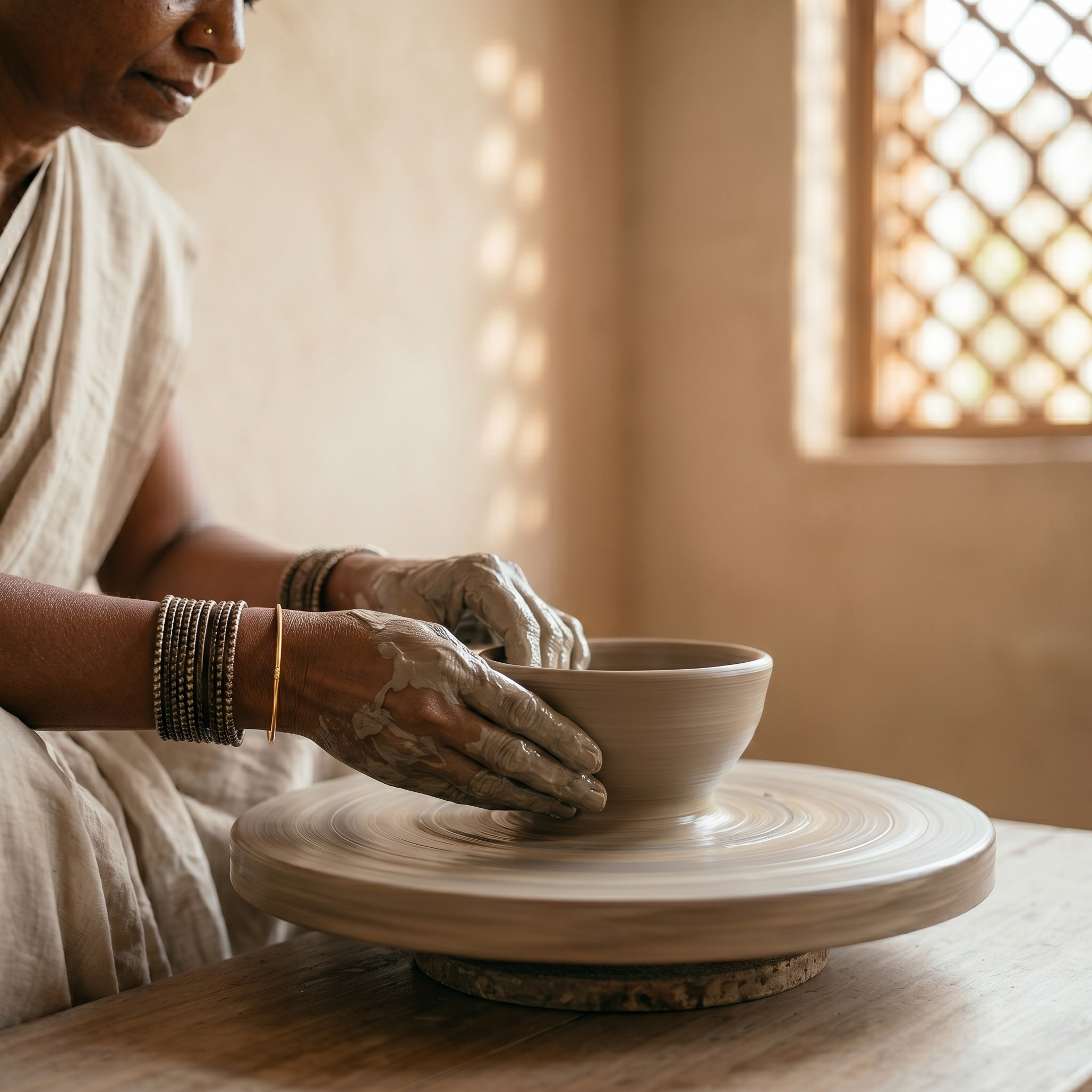 Artisan hands shaping clay pot