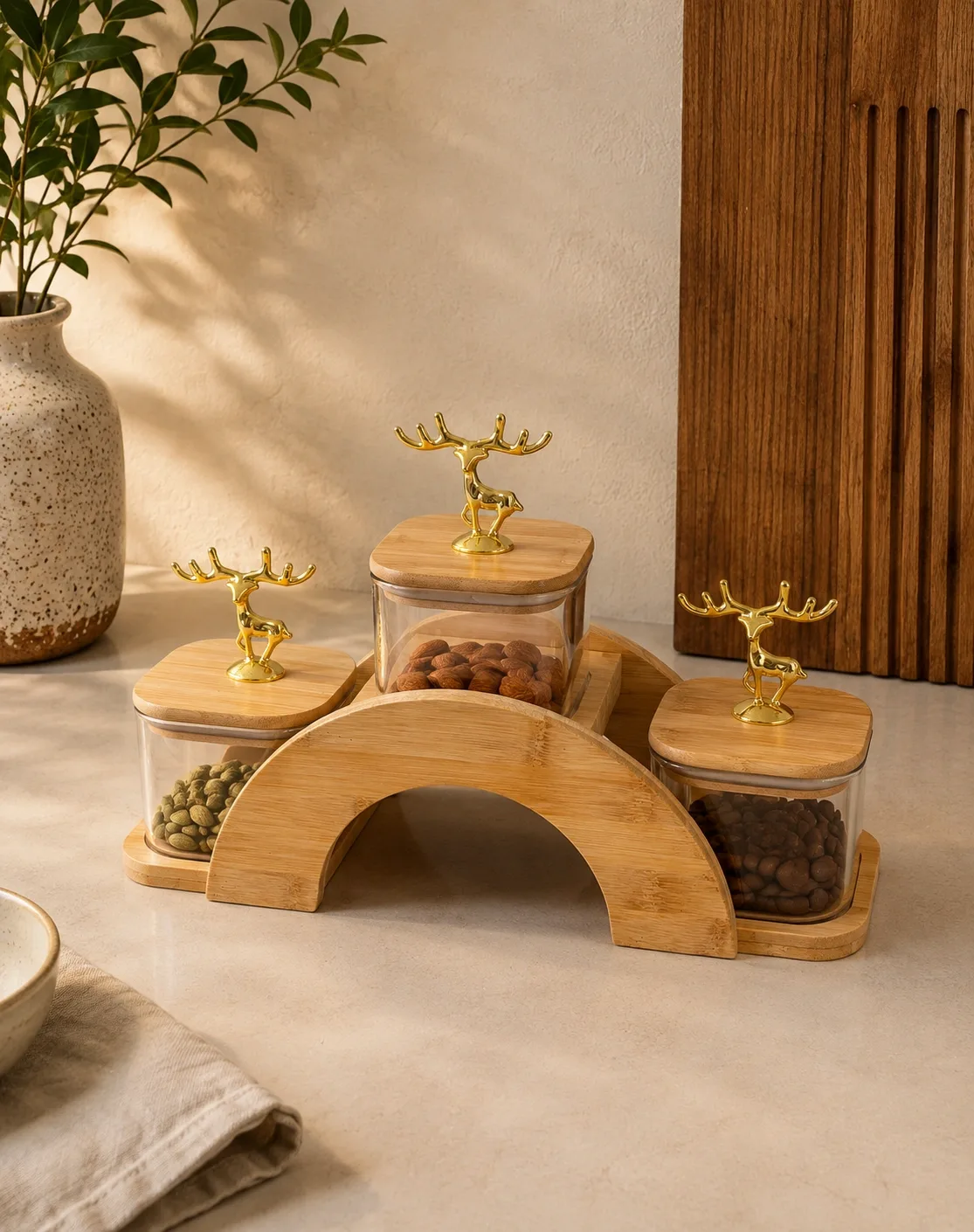 The Woodland Stag Jar Set with Bamboo Stand