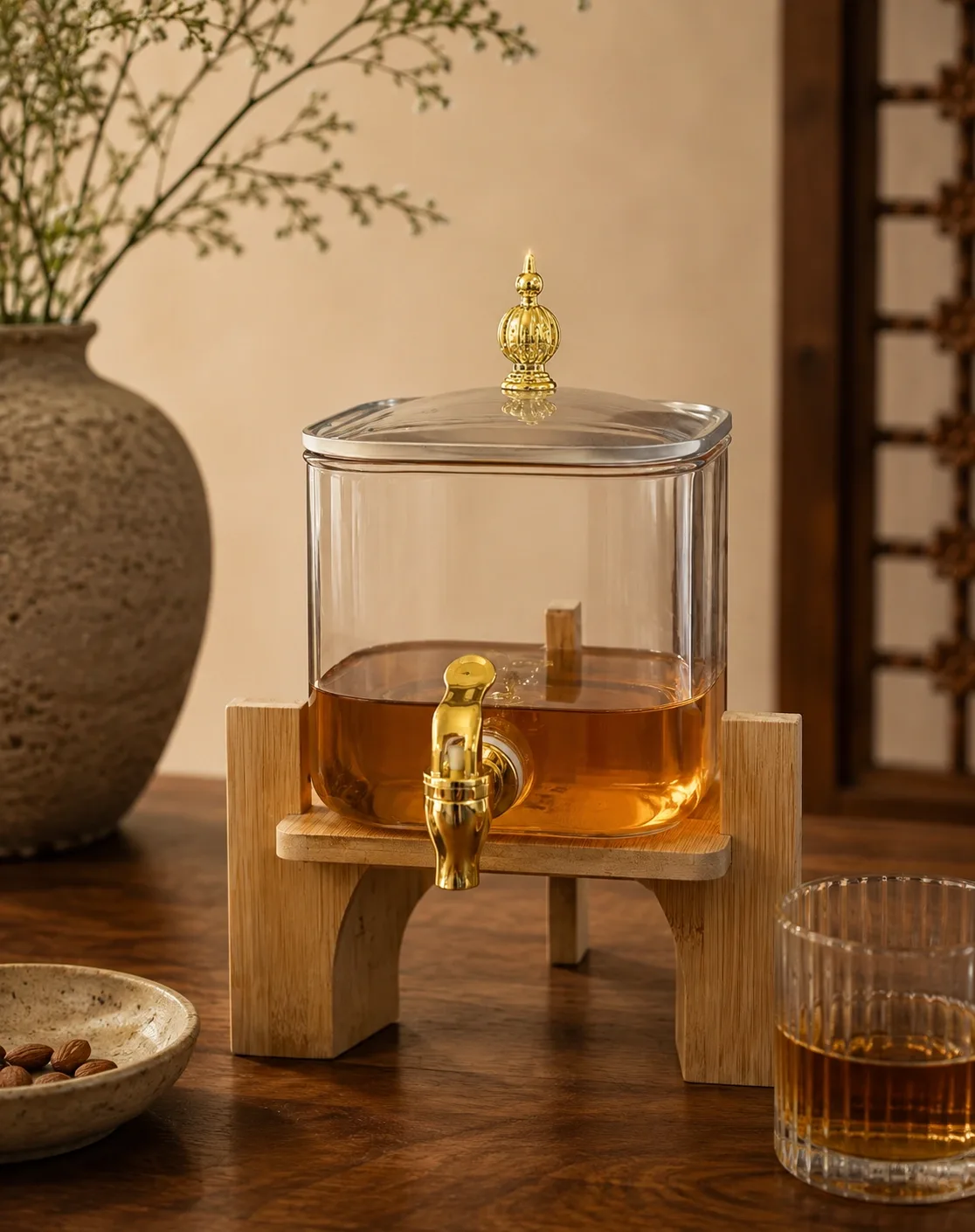 Amber Square Dispenser With Wooden Holder
