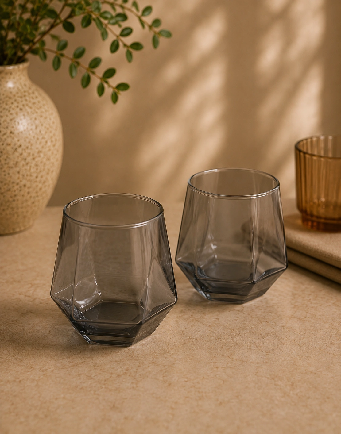 Smoke Diamond Cut Whiskey Glass By Krivis Nook | Set of 2