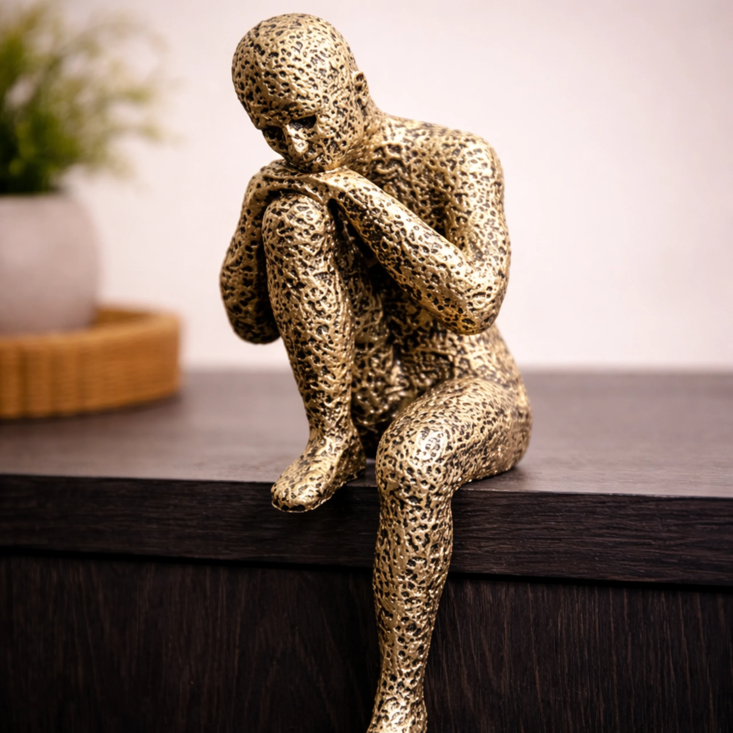 Solitary Thinker Gold Polyresin Edge-Sitting Statue By Krivis Nook
