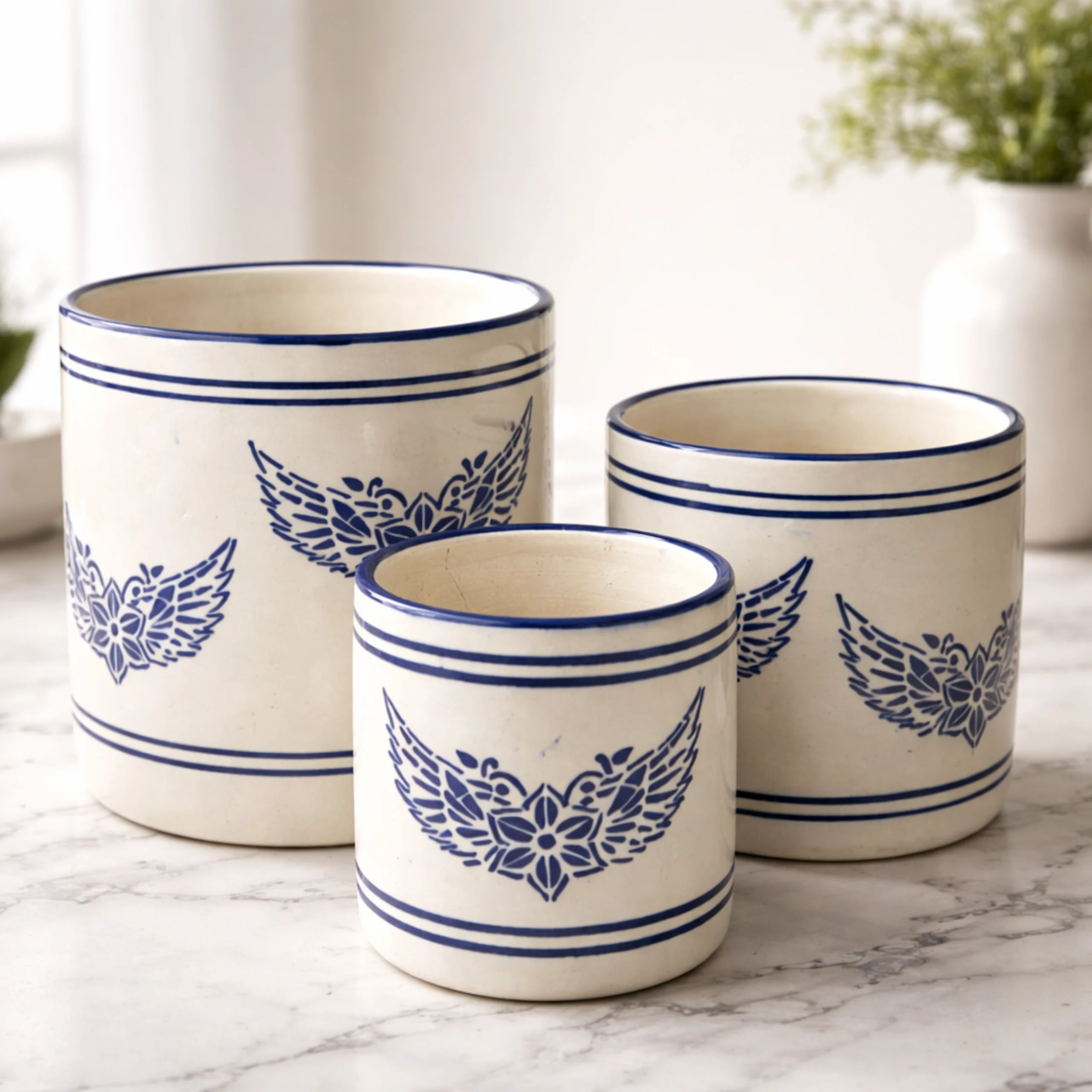 Indigo Wings Ceramic Planter Set By Krivis Nook | 3 Pcs |